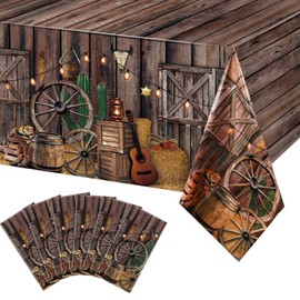 Tiamon 6 Pcs Western Party Tablecloth Western Cowboy Party Table Cover Cowboy Theme Plastic Tablecloth Wild West Wooden House Table Cover for Western Theme Birthday Party Supplies