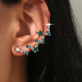 Vacaonio Vintage Rhinestone Star Ear Climber Crawler Earring Star Cuff Wrap Earring Gold Blue Star Ear Cuff Earring CZ Crystal Climber Earring Blue Rhinestone Cuff Climber Earring Jewelry for Women