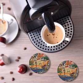 TKBXAEG Coasters Set of 2 Route 66 Vintage Cars Ceramic Coaster with Cork Base, Absorbent Coasters for Drinks Coffee Mugs Tea Cups Wine Glasses, 4 Inches Round Bar Coasters Home Decor Gifts