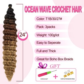Ocean Wave Braid Hairstyle for Black Women, Deep Wave Crochet Hair, Ocean Wave Crochet Synthetic Hair Extension for Boho Braids, (1B/30/27#, 24 Inches, 3 Packs)