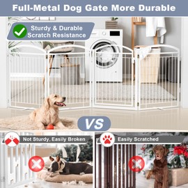 Paulmele Full Metal Freestanding Dog Gates with Door,Foldable Pet Fences Outdoor&Indoor for Puppy,Extra Wide Free Standing Wire Tall Dog Gate Barriers for Openings,Doorways,Decks,Yard(4 Panels White)