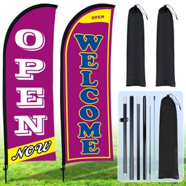 Buryeah 2 Sets Now Open Flag Banner for Business Advertising 7 ft Feather Flag Sign with Flagpole Ground Stake Portable Bag (Purple)