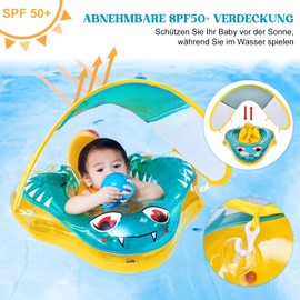 Baby Swimming Ring with Sun Canopy, Swimming Hoop Baby with Sun Protection, Removable Roof, Green Swimming Aid, Swimming Trainer, Baby Swimming Seat for Toddlers and Children from 6-26 Months