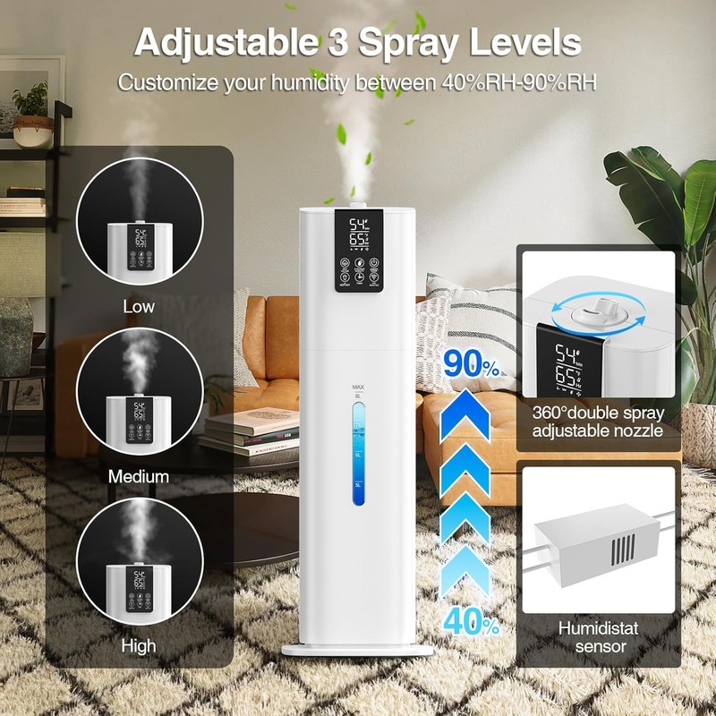 8L/2.1 Gal Smart Humidifier Large Room, Top Fill Cool Mist