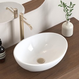 KES Bathroom Vessel Sink, 16" x 13" Oval Vessel Sink for Bathroom Vanity Countertop, Glossy White Ceramic Bowl Sink Egg Shape Above Counter, Modern Look, Crafted to Endure, BVS124