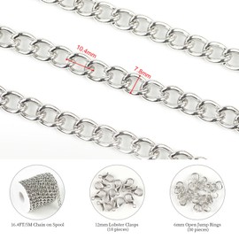 KYUNHOO 16.4 Feet Twisted Curb Chains Bulk Silver Plated Iron Chain Links Unwelded Cuban Chain Necklace with Lobster Clasps Jump Rings for Women Men DIY Craft Supply Findings
