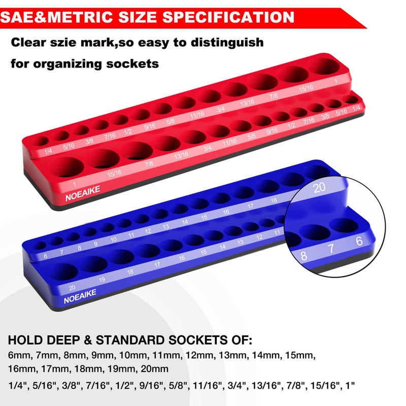 3/8 Inch Magnetic Socket Organizer, NOEAIKE 2-Pack Metric &SAE Socket