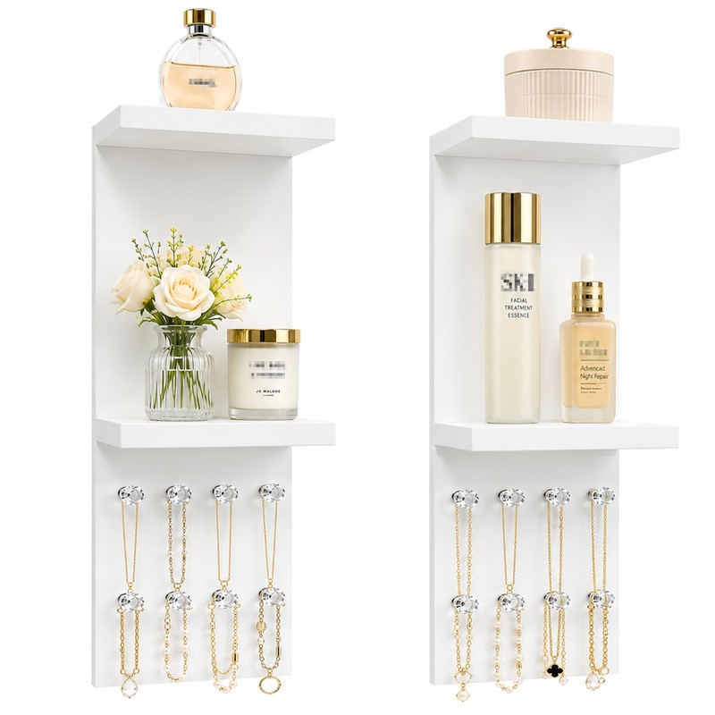 2 Tier White Floating Vanity Wall Shelf with 8 Crystal