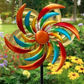 360° Wind Spinners Outdoor with Solar Lights Colored Leaves Garden Decor Yard Lawn Art Decor for Patio Kinetic Windmills 60.63'' H x 13.38'' Dia Unique Gifts for Friends and Family