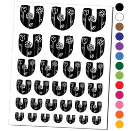 Sweet and Cute Flowers Rounded Block Letter U Temporary Tattoo Water Resistant Fake Body Art Set Collection - Black (One Sheet)