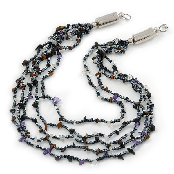 Avalaya Multistrand, Layered Hematite Glass Bead, Shell Nugget Bead Necklace