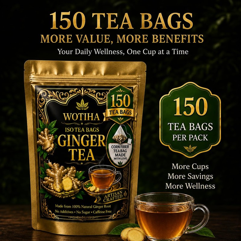 WOTIHA 150 Premium Ginger Tea Bags, 100% Pure Ginger Root,