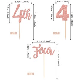 24 piezas de 4 adornos para cupcakes con purpurina para 4 cumpleaños, decoración de cupcakes, número 4, para baby shower, niños, 4 cumpleaños, aniversario, fiesta, decoración de pasteles, suministros de oro rosa