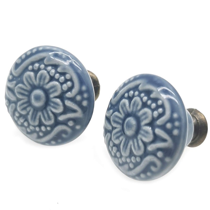 M MIMHOOY 6 Pcs Ceramic Blue Drawer Knobs Vintage Flower