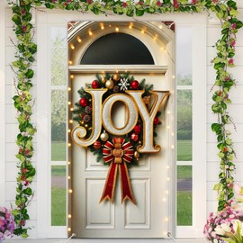 BlissYard JOY Christmas Door Cover Banner 35x71 Inch Holiday Wreath Wall Hanging with Oversized Letters Red Gold Ornaments and Bow for Front Porch Indoor Outdoor Xmas Decoration Party Photo Backdrop