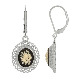 1928 Jewelry Black & Ivory Oval Flower Stone Heart Frame Drop Earrings For Women, Lever Back, 14K Gold Dipped, Made In USA