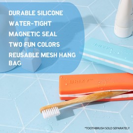 BRIXY 2 Pack Toothbrush Travel Case Set With Reusable Mesh Bag, Portable And Sanitary, Plastic Free, Durable Silicone, Seals Magnetically, Fun And Colorful (Blue & Orange)