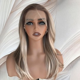 QDBOWIN QUEEN HAIR Highlight Wig Synthetic Lace Front Wig 13x4 Pre Plucked Medium Length Pre Layered Straight Warm Blonde Highlights Heat Resistant Fiber Glueless Wig for Women(Brown Roots,17 Inch)