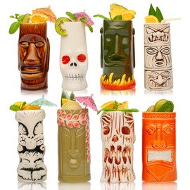 LEMONSODA Ceramic Hawaiian Tiki Glasses - Set of 8 - Fun Tiki Mugs for Cocktails, Barware & Luau Decor (Ceramic Variety, Set of 8)