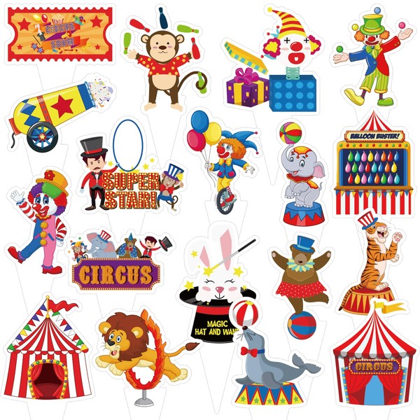 PLORBACH - Decoración de 36 piezas para cupcakes de carnaval, decoración de tartas de circo, decoración de fiestas temáticas de carnaval, circo, suministros para fiestas de cumpleaños para niños, regalos para baby shower (18 estilos)