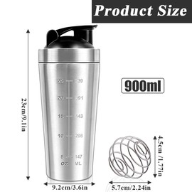 Stainless Steel Protein Shaker, 900ml Simple Modern Stainless Steel Shaker Cup, Protein Shaker Bottle - with 2Pcs Stainless Steel Mixing Ball, Leak Proof Metal Sports Water Bottle for Men&Women