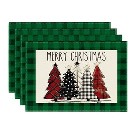 Artoid Mode Waterclor Green Buffalo Plaid Christmas Trees Placemats Set of 4, 12x18 Inch Winter Table Mats for Outdoor Home Party Kitchen Dining Decor
