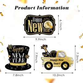 Jetec 3 Pieces Glitter Happy New Year Sign 2025 Wooden New Year Hanging Sign Black Gold New Year Party Decorations New Years Eve Party Supplies with 6 Pieces Black Ribbon for New Year(Elegant Style)