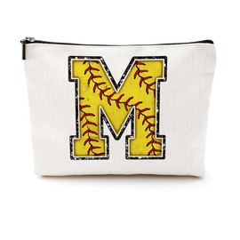 Softball Gifts Initial Makeup Bag Monogrammed Cosmetic Bag Letter M Zipper Pouch Softball Accessories for Girls Women Softball Player Coach Friend Softball Stuff Graduation Birthday Gifts