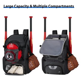 FUZVOL Baseball Bag for Youth Adults Baseball Backpack T-Ball Softball Equipment Bag Lightweight Baseball Bat Bag with Shoe Compartment, Fence Hook, Glove Helmet Holder, Black