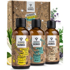 Heldengrün BIO Saunaaufguss Set [3 DÜFTE, 1 SAUNABOX] - Berghütte, Zitruszauber & Atemfrei in edler Geschenkbox - Sauna Aufgussmittel mit ätherischem Bio-Öl - Sauna Zubehör