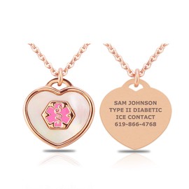 Divoti Mother of Pearl PVD Rose Gold Heart Medical Alert ID Necklace for Women 24 IN-Pink