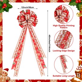 Realspring Gingerbread Christmas Tree Topper Bow 45"x12" Large Gingerbread Christmas Decorations Ribbon Bow Gift for Xmas Wreath Ornament Home Indoor Outdoor Party Tree Decor