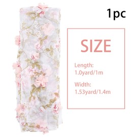 GORGECRAFT 55Inch Embroidered Flower Fabric 3D Organza Pink Floral Chiffon Rose Leaves Vintage Lace Fabric Embroidery Applique Ribbons for Sewing Wedding Bridal Cloth DIY Crafts Supplies