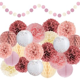 EPIQUEONE Tissue Paper Pom Poms Set - Vibrant Mauve Honeycomb Party Decor & Paper Puffs - Mauve Lanterns & Decorative Honeycomb Balls - Easy Setup & Outdoor Party Decor - 22-Piece Set, 4 Colors