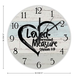 Loved Beyond Measure Bible Verse Wall Clock Inspirational Quotes PVC Wall Clocks Battery Operated 15 Inch Non-Ticking Retro Cabin Wall Decor for Kitchen Bedroom Living Room Office