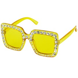 FLAWLESS EYEWEAR Oversized Square Frame Crystal Bling Rhinestone Designer Sunglasses For Women 2018 (Yellow)