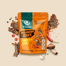Ichoose Muskee Musky Mushroom Jerky, Vegan, High-Fiber Snack, | Beef Jerky Alternative, Perfect for Valentines & Snack Packs 1.59 OZ (45 g) (3 Packs (1.5 Ounce - Per Pack), Sweet and Spicy)