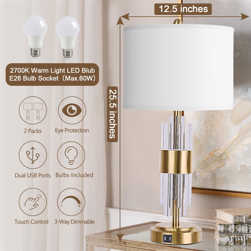 Table Lamp for Living Room with USB Ports, Gold Bedside