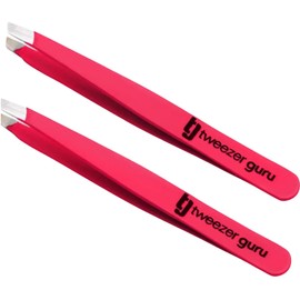 TWEEZER GURU Tweezer Guru Tweezers for Women - 2pc Slant Pointed Precision Tweezers for Eyebrows & Ingrown Hair Removal - Blackhead and Splinter Tweezer with Sharp Needle Nose Point for Plucking (Bright Pink)