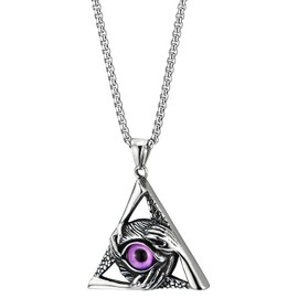 COOLSTEELANDBEYOND Steel Vintage Purple Evil Eye Protection Hands Triangle Pendant Necklace Men Women, 30 Wheat Chain