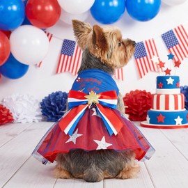 Yymobt 4th of July Dog Dress Patriotic Dog Clothes Puppy Tulle Skirts with Bowtie Star for Independence Day Party Small Medium Puppy Dogs Cats Outfit