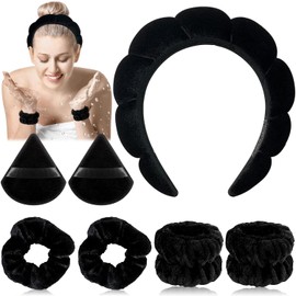 MCSWSEE Diademas para Cabello Mujer, Juego de 7 Diadezmas y Muñequeras de Spa, Diadema de Maquillaje, Muñequeras Skincare para Ducharse, Lavarse, Desmaquillaje (Negro, Estándar)