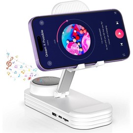 Christmas Tech Gift for Men, Cell Phone Stand with Wireless Bluetooth Speaker and Anti-Slip Base HD Surround Sound Perfect for Home and Outdoors with Bluetooth Speaker for Desk Compatible - Colour: White
