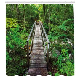 Lunarable Sendero de los Apalaches Cortina de Baño, Puente en el Bosque, Paño Conjunto de Decoración de Baño de Tela y Ganchos, 70" Alto, Verde Tiza Oscuro