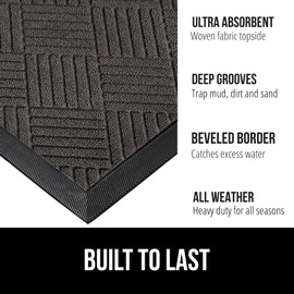 GORILLA GRIP 100% Waterproof All-Season WeatherMax Doormat, 47x35, US Designed Natural Rubber, Stain and Fade Resistant, Low Profile Indoor Outdoor Door Mats, Easy Clean Patio Mat, Gray Diamond