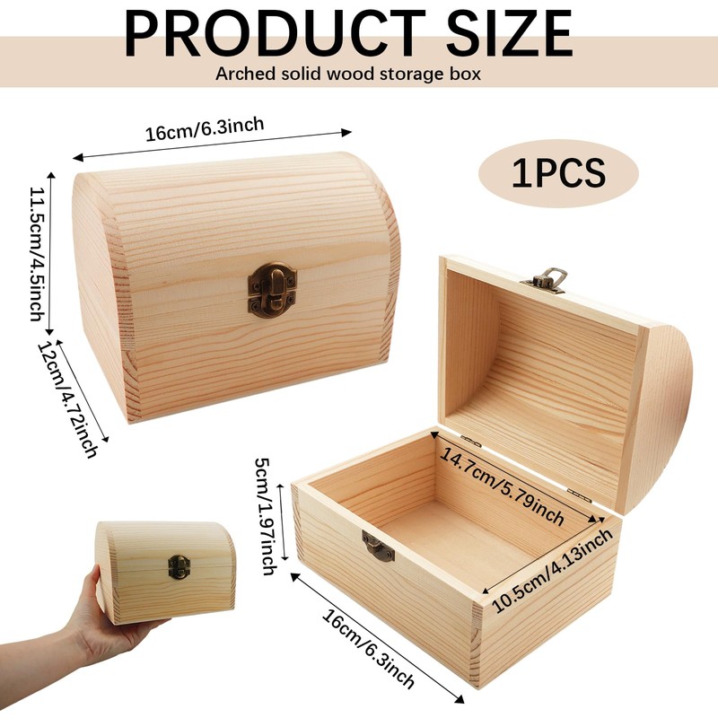 Unfinished Wooden Box with Hinged Lid for DIY Craft Storage
