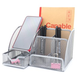ZDZBLX Desk Organizers, Metal Mesh Stationery Desktop Organizer, Pen Holder Desk Organizer and Storage Office Supplies Desk Accessories Essentials Caddy with Drawer for Home, Office, School (Silver)