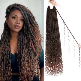 ZRQ 30 Inch Boho Faux Locs Crochet Hair 9 Packs Goddess Locs Ombre Brown Boho Soft Locs Hair with Curly Ends Pre-looped Long Bohemian River Locs Crochet Hair for Black Women (30Inch, T30#)