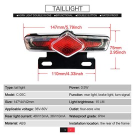 Gaderth Ebike Headlight and Tail Light Sets, LED Night Spotlight Cycling Modification Parts, 48V/36V Front Rear Warning Lights Kit with E-Bike Headlight Turn Signal Rear Light, 12V-72V Switch 24-48V