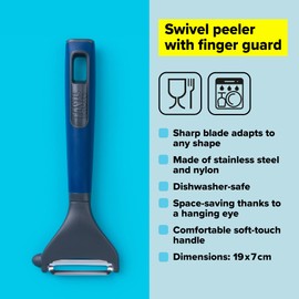 Tasty Everyday Stainless Steel Y Peeler with Soft-Touch Handle, Fruit & Vegetable Slicer Peeler, Potato Peeler with Finger Guard, Dishwasher Safe, Colour: Stainless Steel, Dark Grey & Blue